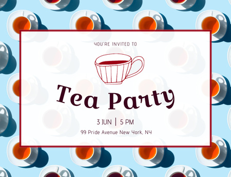 Amazing Tea Party Announcement With Cup Pattern Invitation 13.9x10.7cm Horizontal Design Template