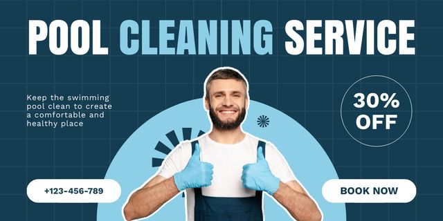 Ontwerpsjabloon van Twitter van Discount Offer on Pool Cleaning Services with Smiling Man