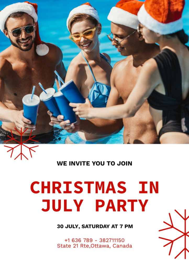 Christmas Party in July with Bunch of Young People in Pool Flyer A5 Design Template