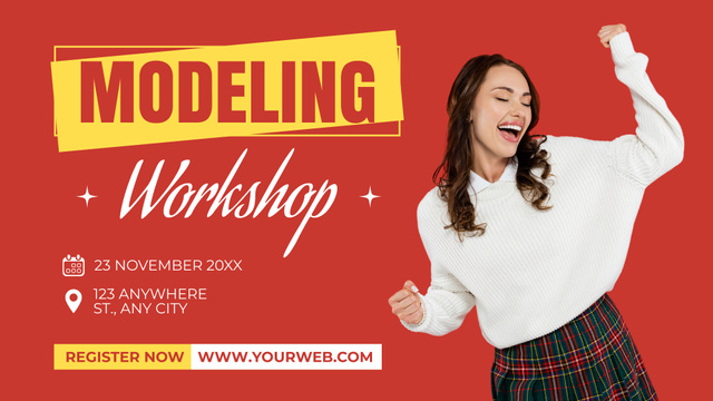 Advertising Model Workshop with Cheerful Young Woman FB event cover – шаблон для дизайну