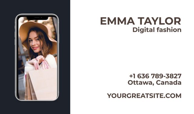 Stylish Woman on Phone Screen Business card Modelo de Design