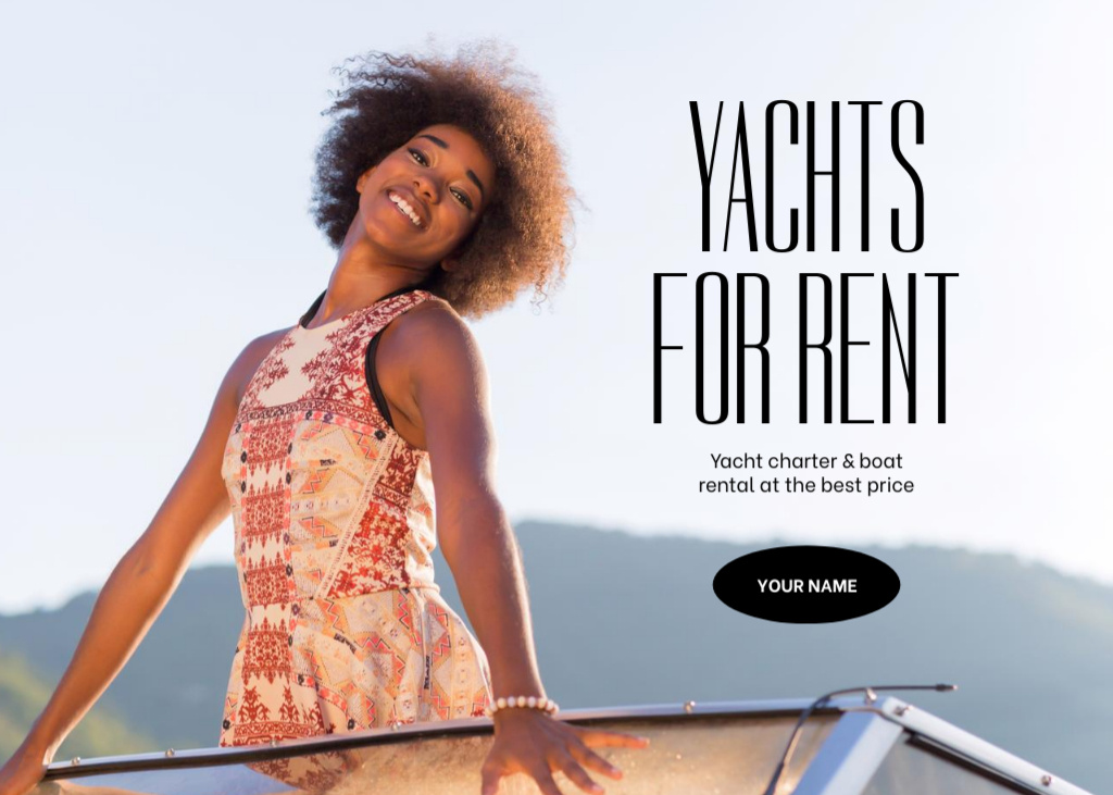 Template di design Yacht Rent Offer with Young Woman on Boat Flyer 5x7in Horizontal