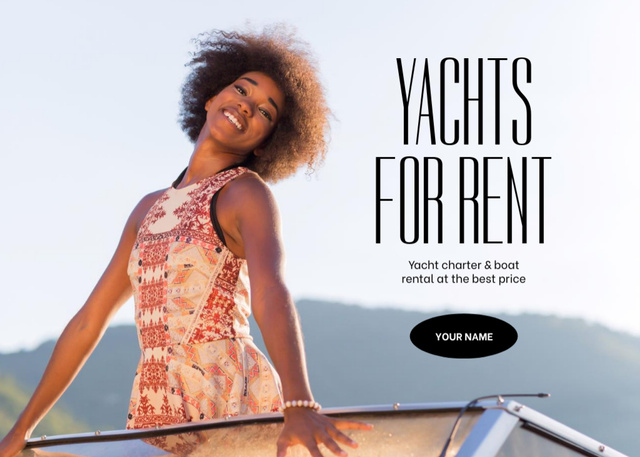 Ontwerpsjabloon van Flyer 5x7in Horizontal van Yacht Rent Offer with Young Woman on Boat