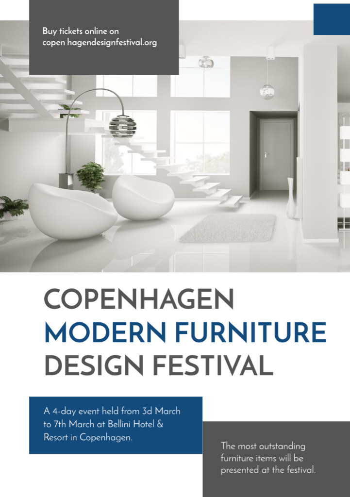 Furniture and Design Festival Announcement with Modern Interior in White Flyer A5 Modelo de Design