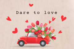 Valentine's Day Greeting with Flowers on Retro Car