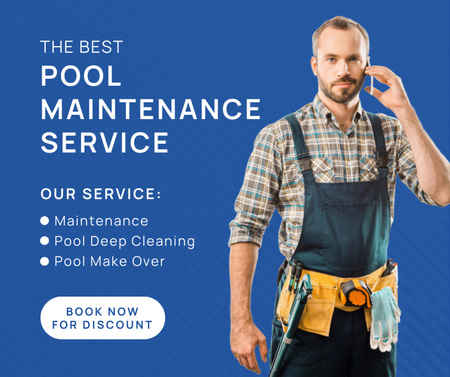Oferta de serviços profissionais de manutenção de piscinas com trabalhador ocupado Facebook Modelo de Design