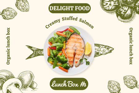 Template di design Salmone con spinaci in scatole per il pranzo Label