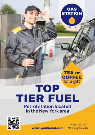 Autószolgáltatások hirdetése dolgozóval a benzinkútnál Poster tervezősablon
