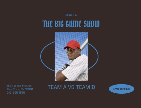 Template di design Grande annuncio del torneo di baseball in nero Invitation 13.9x10.7cm Horizontal