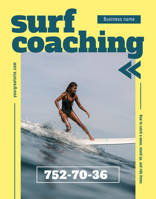 Surf Coaching Offer with Woman on Surfboard in Water Poster 22x28in – шаблон для дизайну
