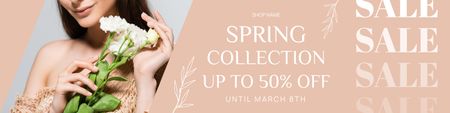 Plantilla de diseño de Spring Collection Sale Announcement with Woman with Bouquet of Flowers Twitter 