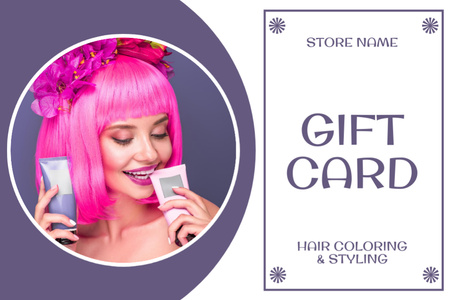 Designvorlage Beauty Salon Ad with Woman with Bright Pink Hair and Wreath für Gift Certificate