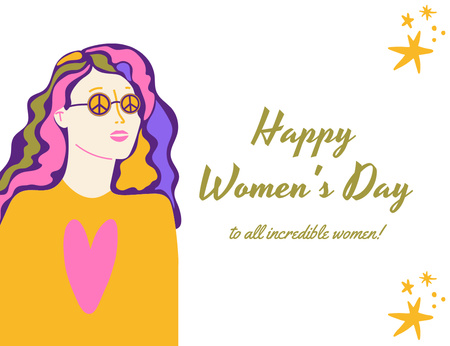 Modèle de visuel Salutation pour la Journée de la femme avec illustration d'une fille hippie - Thank You Card 5.5x4in Horizontal