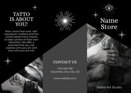 Ontwerpsjabloon van Brochure van Tattoo Art Studio met beschrijving en voorbeeld van artwork
