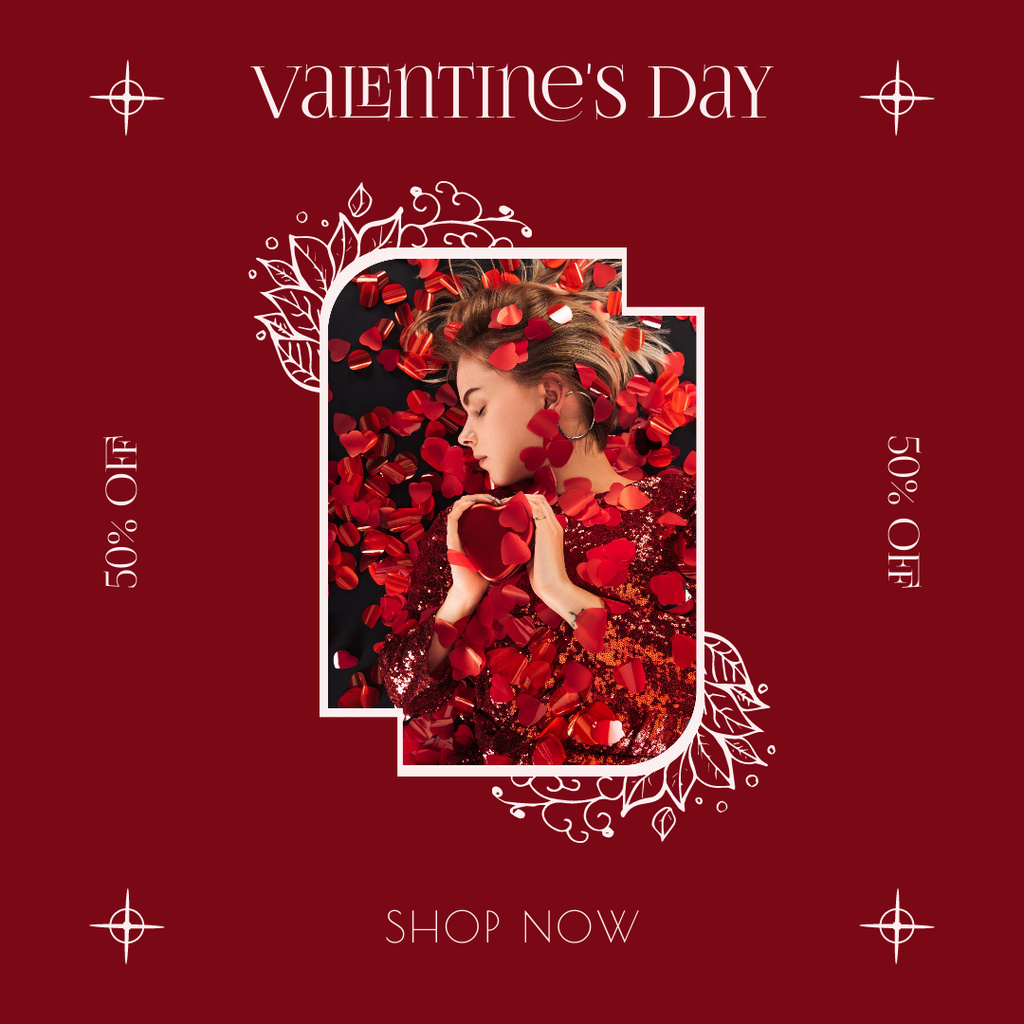 Designvorlage Valentine's Day Super Sale with Brunette in Red für Instagram AD