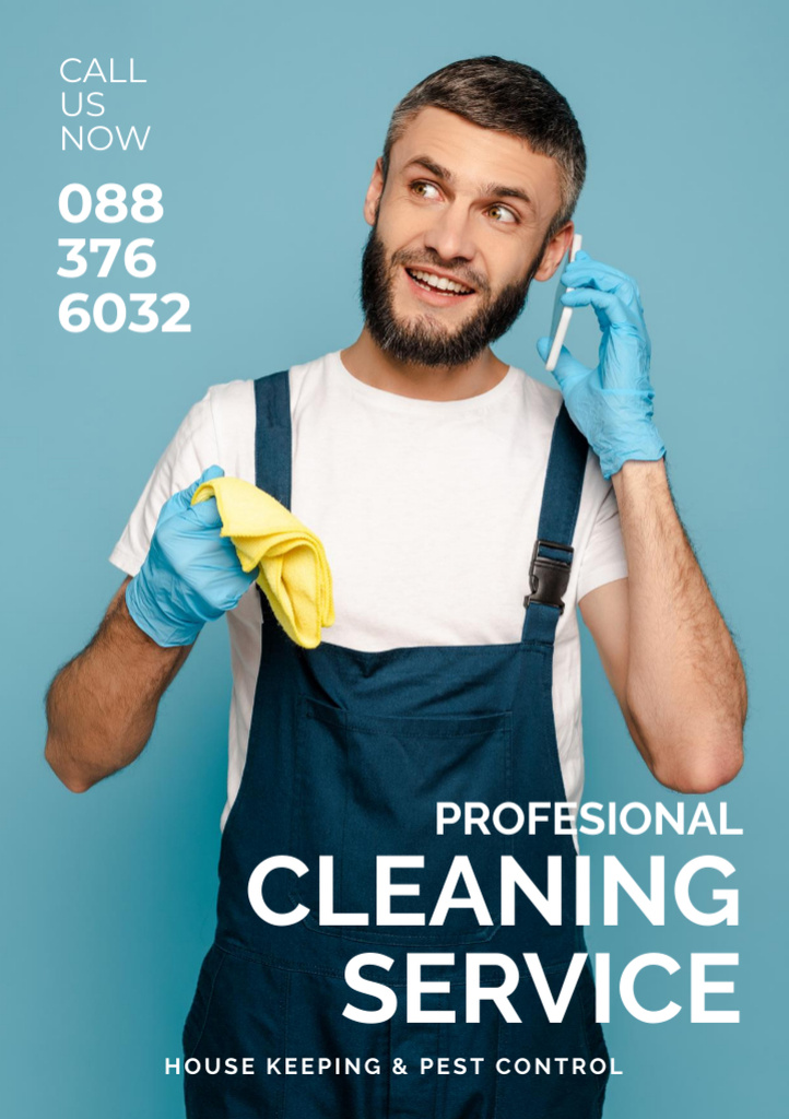 Designvorlage Cleaning Service Ad with Young Man in Uniform für Flyer A5
