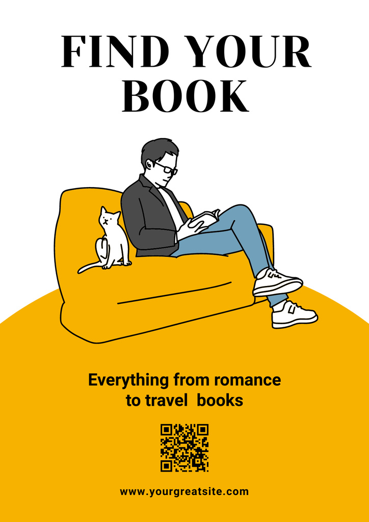 Bookstore's Ad on Yellow Minimalist Sketch Illustration Poster Tasarım Şablonu
