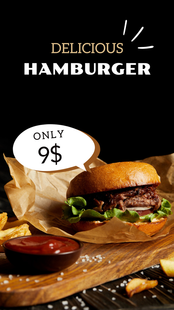 Juicy Hamburger on a Cutting Board at Fast Food Restaurant Instagram Story Tasarım Şablonu