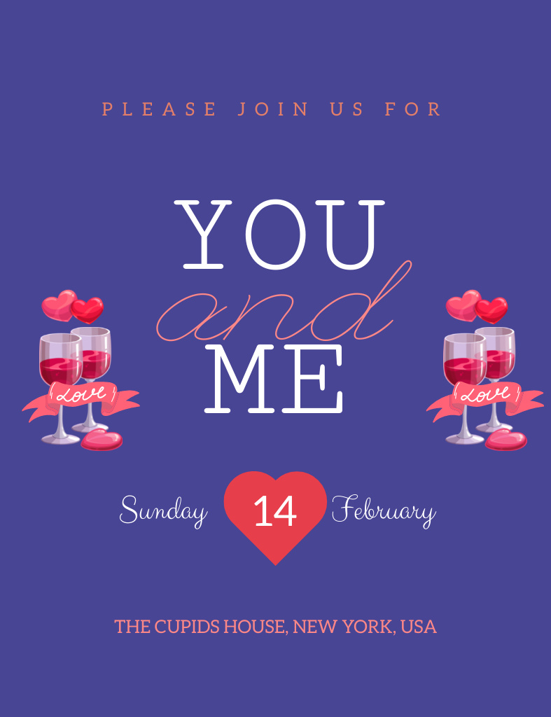 Valentine's Day Party Announcement on Purple Invitation 13.9x10.7cm – шаблон для дизайна