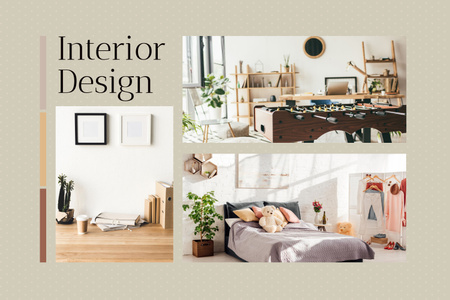 Interior Design in Warm Beige on Green Grey Background Mood Board Design Template