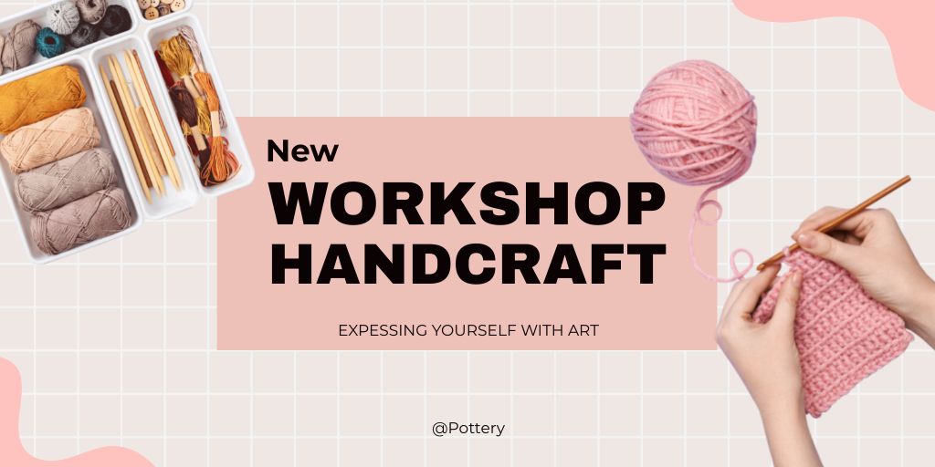 Handcraft Workshop Ad with Woman Knitting Twitterデザインテンプレート