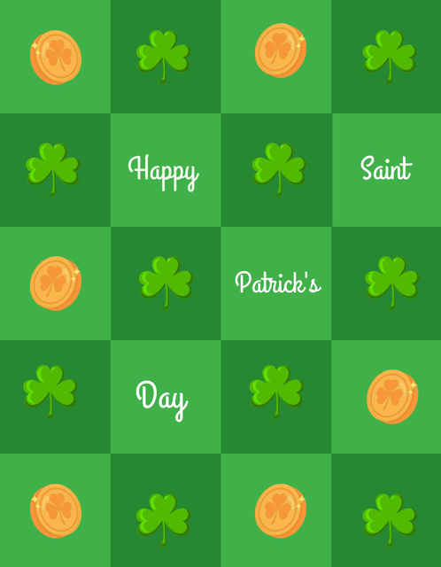 Designvorlage Holiday Wishes for St. Patrick's Day And Checkerboard Pattern With Coins And Shamrocks für T-Shirt