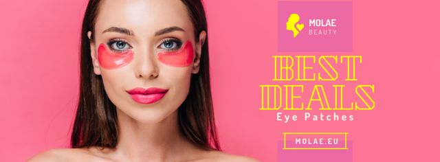 Cosmetics Ad with Woman Applying Patches in Pink Facebook cover Design Template
