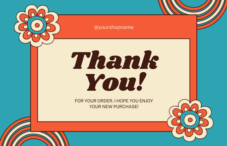 Thank You Message with Stickers of Flowers on Blue Thank You Card 5.5x8.5in Design Template