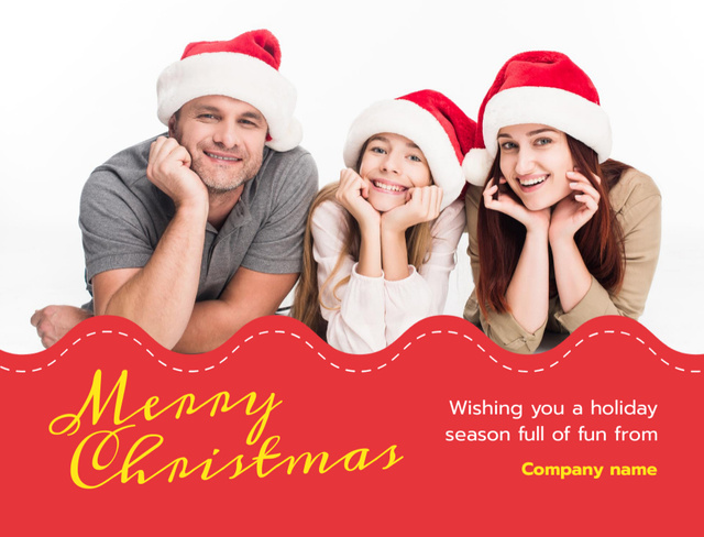 Ontwerpsjabloon van Postcard 4.2x5.5in van Joyful Christmas Wishes And Family In Santa Hats Together