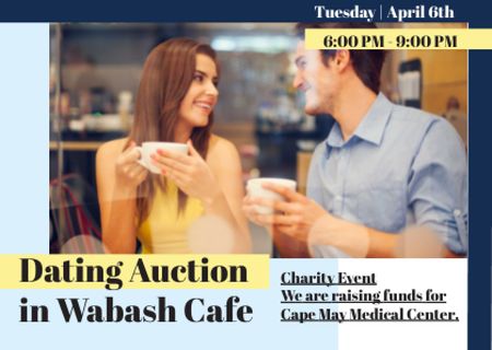 Dating Auction in Couple with coffee in Cafe Postcard Design Template
