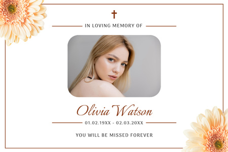 Designvorlage Funeral Memorial Card with Photo of Woman in Flowers Frame für Postcard 4x6in