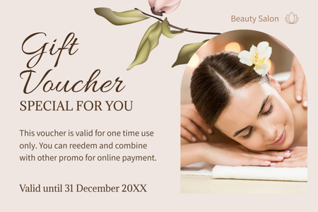 Platilla de diseño Beauty Salon Promotion with Young Woman Getting Massage Therapy Gift Certificate