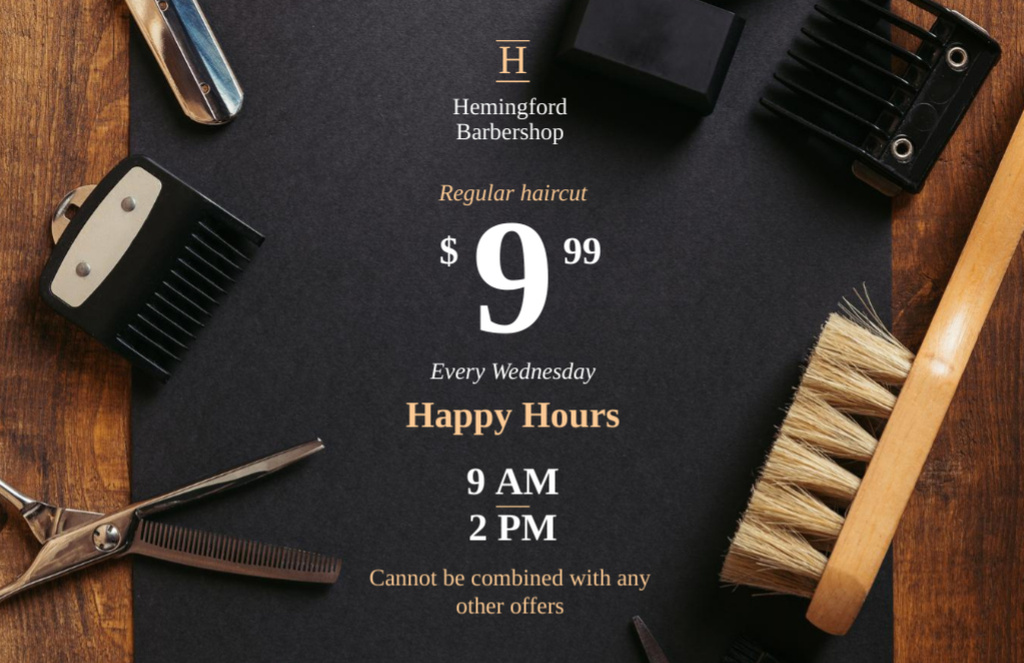Barbershop Happy Hours Announcement with Brushes and Scissors Flyer 5.5x8.5in Horizontal Šablona návrhu