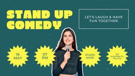 Plantilla de diseño de Promoción de stand-up show con mujer sonriente con micrófono FB event cover 