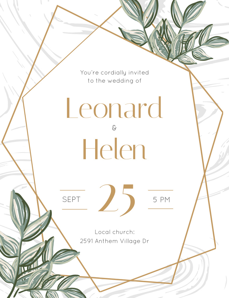 Wedding Ceremony Event With Illustrated Leaves Invitation 13.9x10.7cm Design Template