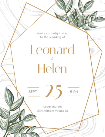 Designvorlage Hochzeitszeremonie mit illustrierten Blättern für Invitation 13.9x10.7cm