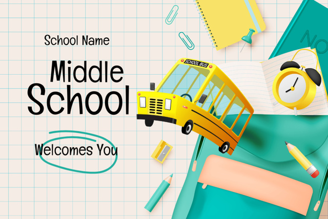 Designvorlage Middle School Welcomes You With Bus and Stationery für Postcard 4x6in