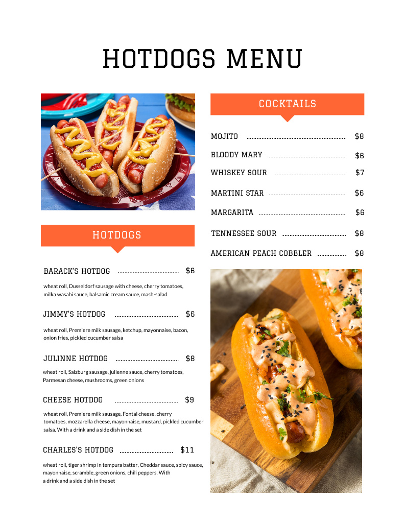 Ontwerpsjabloon van Menu 8.5x11in van Delicious Hotdogs Variety With Description