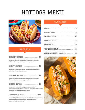 Delicious Hotdogs Variety With Description Menu 8.5x11in Design Template