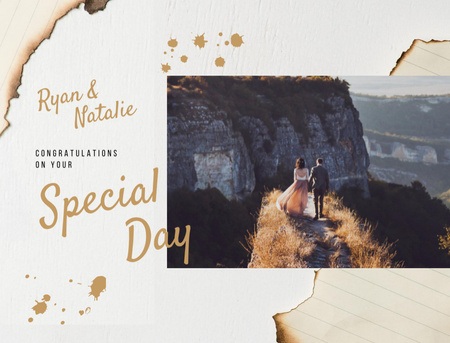 Platilla de diseño Wedding Greeting With Couple And Scenic View Postcard 4.2x5.5in
