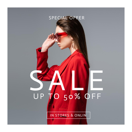 Special Fashion Discount Offer with Woman in Red Glasses Instagram Modelo de Design