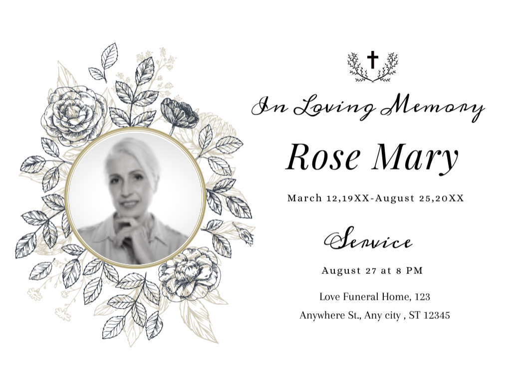 Plantilla de diseño de Funeral Ceremony Announcement with Photo and Floral Wreath Postcard 4.2x5.5in 