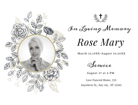 Anúncio da cerimônia fúnebre com foto e coroa de flores Postcard 4.2x5.5in Modelo de Design
