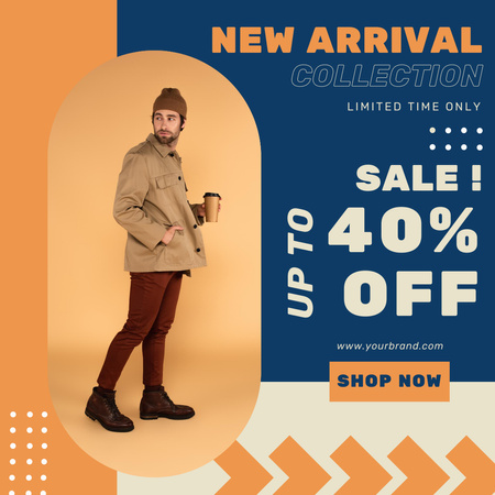 Young Man with Cup of Coffee for New Arrival Collection Ad Instagram Design Template