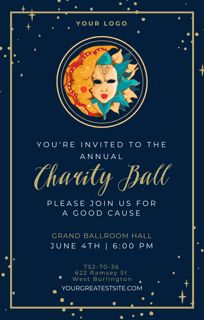 Exciting Annual Charity Ball With Masks Announcement Invitation 4.6x7.2in tervezősablon