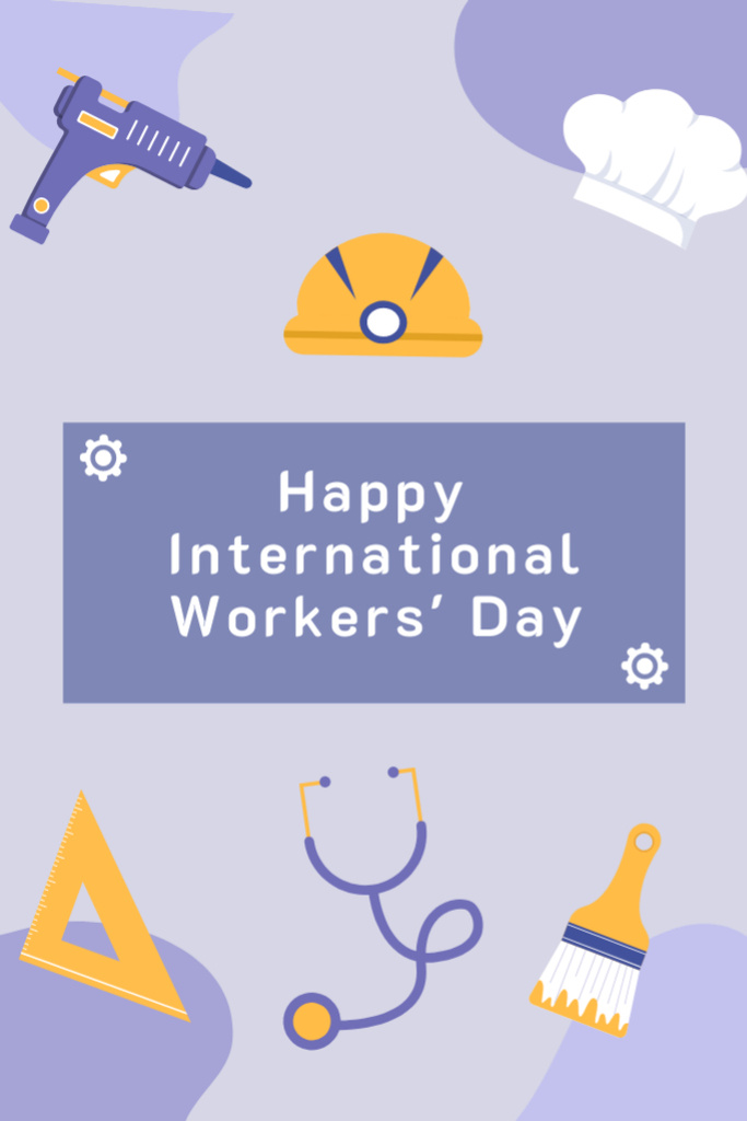 International Worker's Day Celebration With Tools In Purple Postcard 4x6in Vertical Design Template