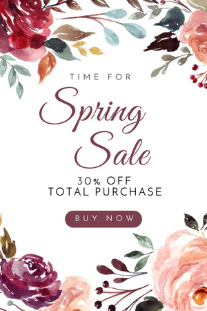 Spring Sale Announcement with Watercolor Flowers Pinterest Design Template