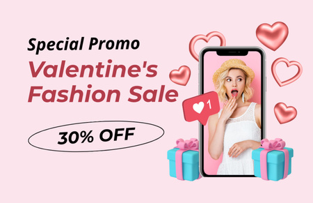 Special Valentine's Day Promotion with Surprised Blonde Woman Thank You Card 5.5x8.5in Design Template