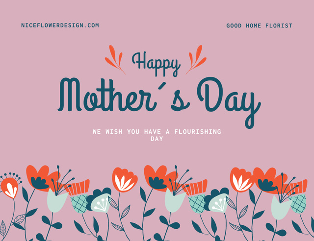 Mother's Day Greeting with Cute Red Flowers on Pink Thank You Card 5.5x4in Horizontal – шаблон для дизайна