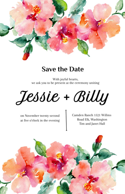 Save the Date on Watercolor Floral Invitation 5.5x8.5in – шаблон для дизайну